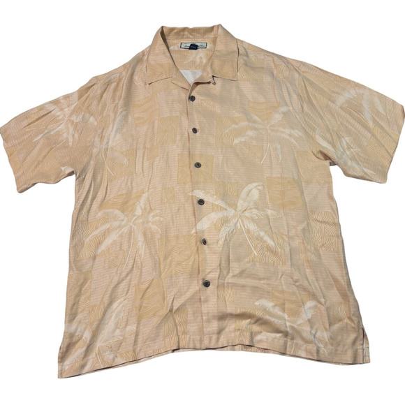 Tommy Bahama Hawaiian Shirt Men XL Yellow Palm Tree 100% Silk Collar Button Down - Picture 1 of 7